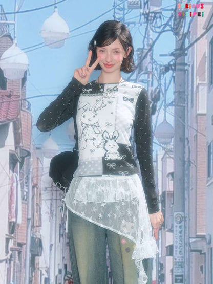 Rabbit Print Bow Contrast Top【s0000015433】