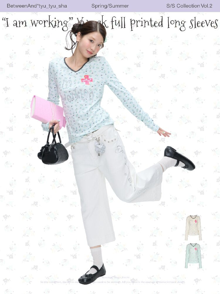 Full Print V Neck Long Sleeve Top【s0000016406】