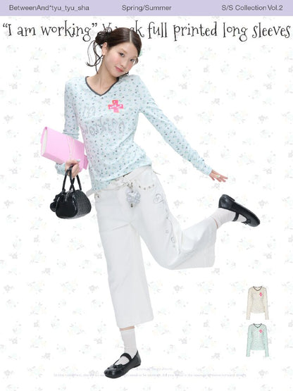 Full Print V Neck Long Sleeve Top【s0000016406】