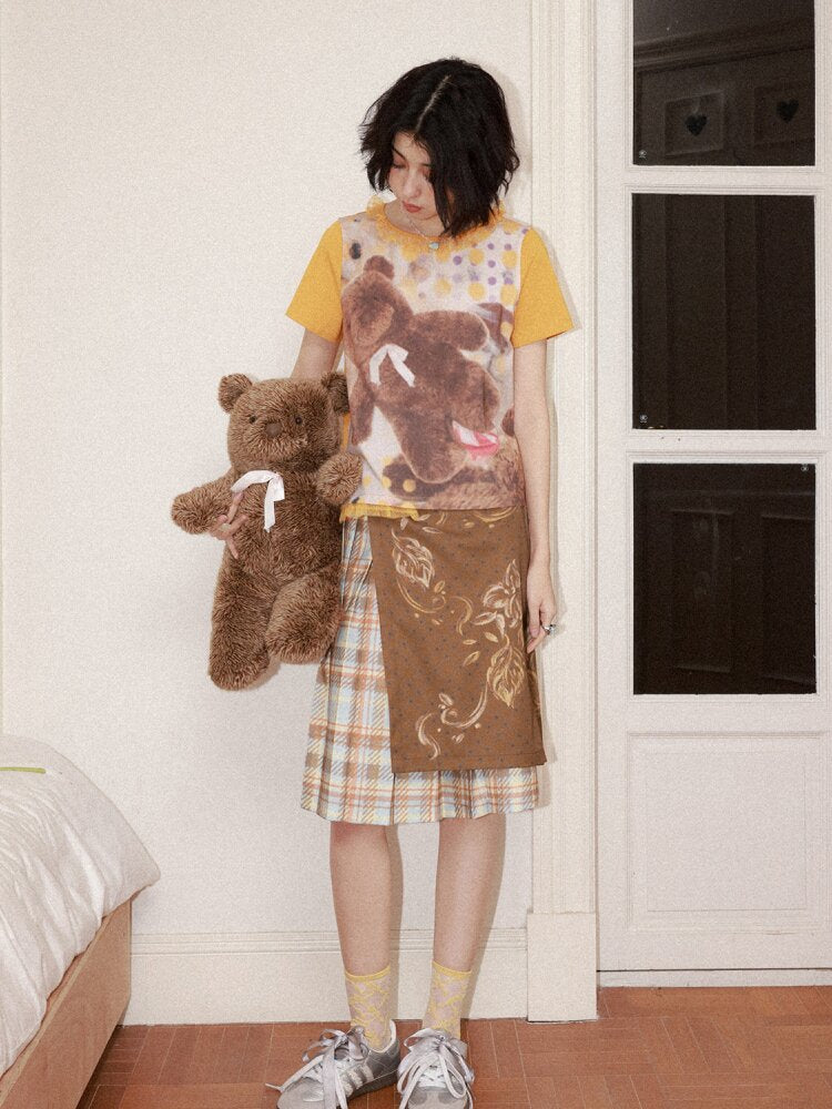 Plaid Flower Pleated Spliced Skirt【s0000015465】