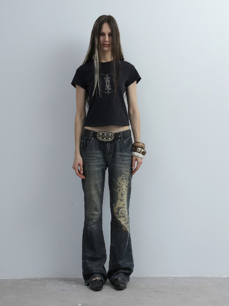 Distressed Baroque Graphic Jeans【s0000016569】