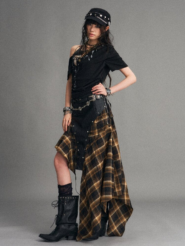 Punk Leather Patchwork Plaid Skirt【s0000017999】
