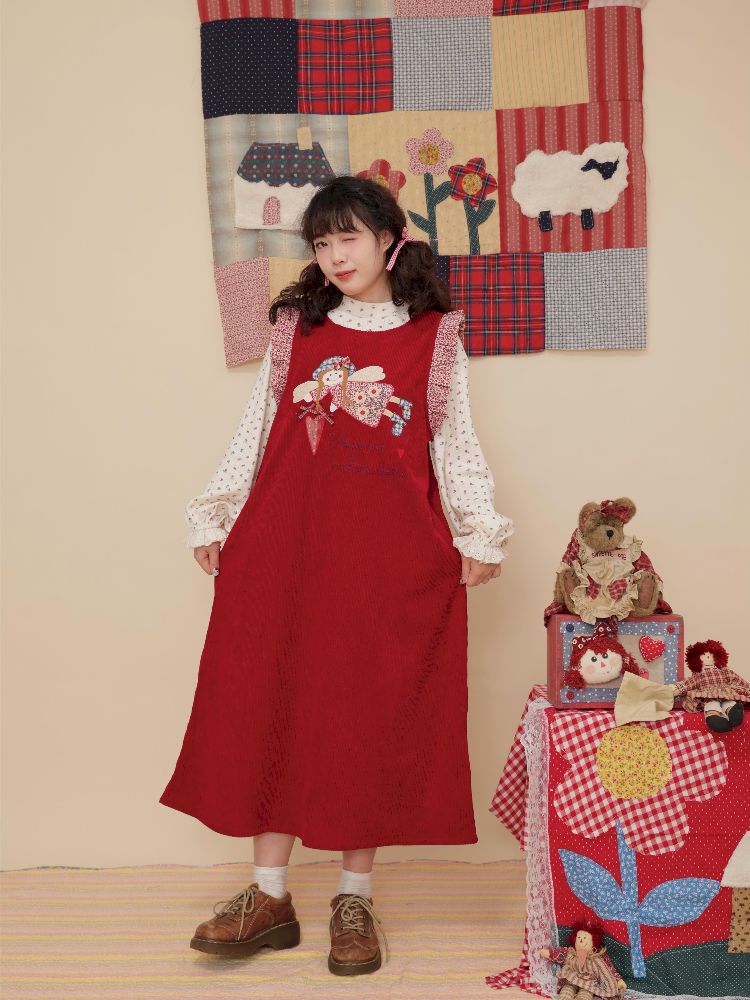 Lace Corduroy Red Vest Dress【s0000010346】