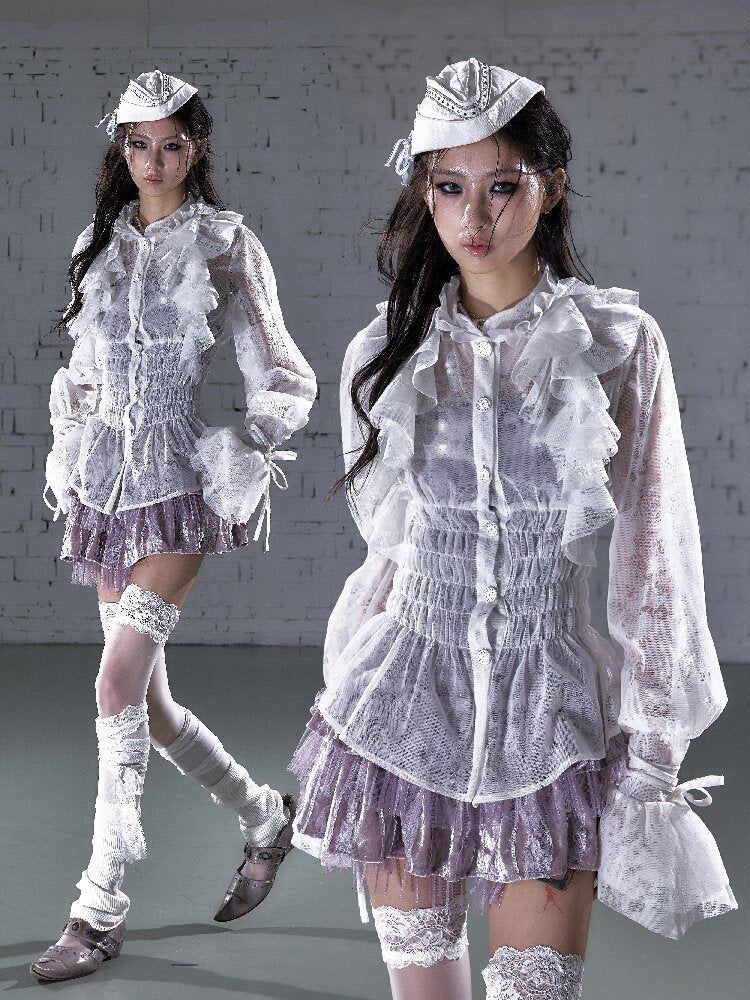 Ruffled Flocked Lace Stand Shirt【s0000016208】