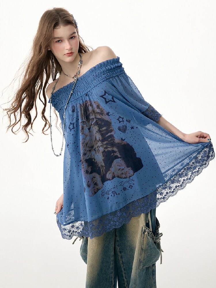 Lace Patchwork Dot Cat Print T-Shirt【s0000017306】