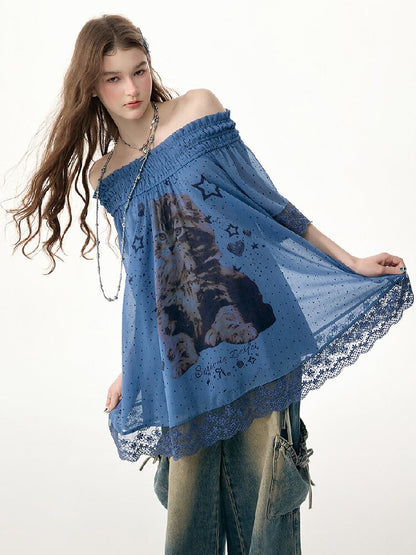Lace Patchwork Dot Cat Print T-Shirt【s0000017306】