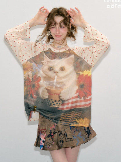 Raglan Cat Print Long Sleeve Top【s0000017886】