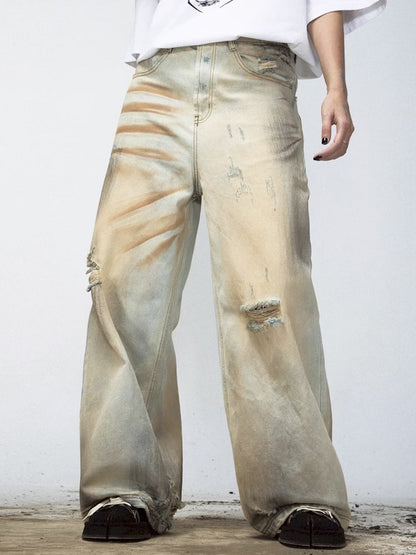 YELLOW MUD DYED WASHED OLD WORN HOLES STRAIGHT JEANS [S0000008491]