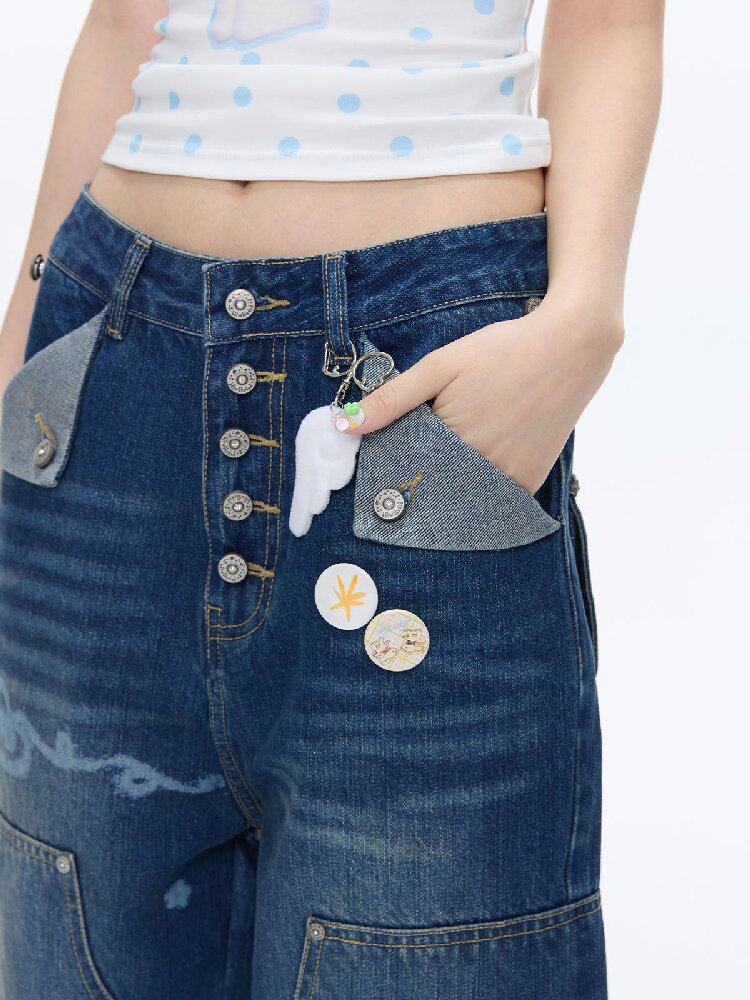Stud Washed Two Tone Raw Jeans【s0000016398】