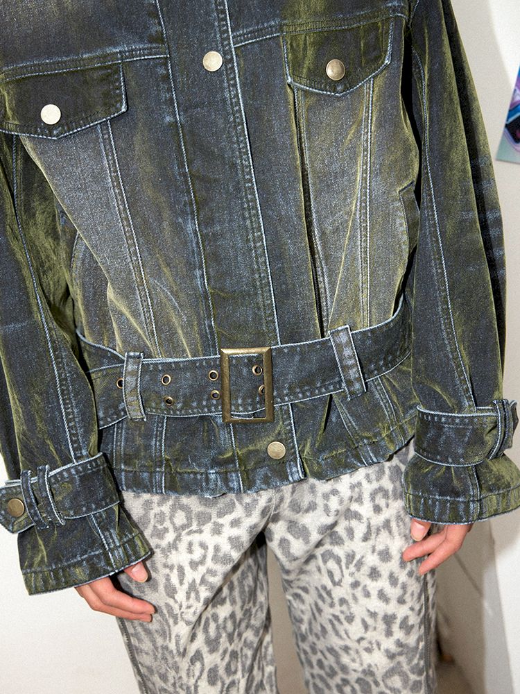 Loose Green Flocked Denim Jacket【s0000011638】