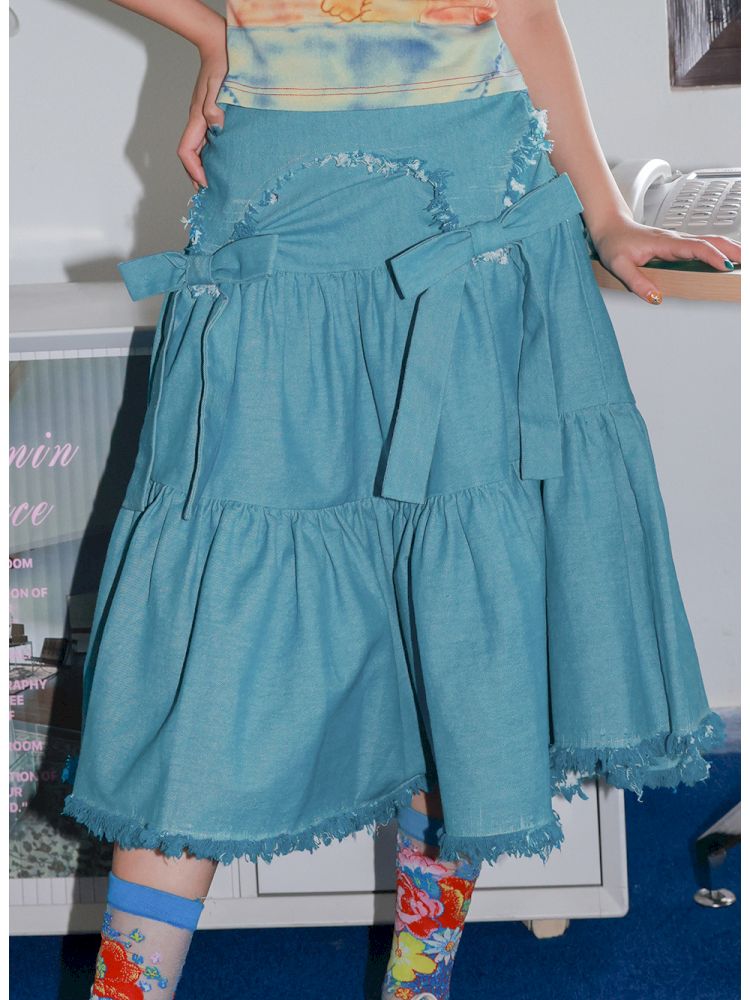 Bow Fringe Patchwork Denim Skirt【s0000013928】