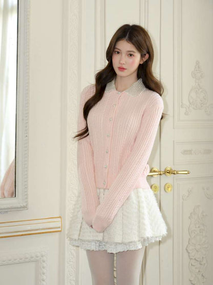 Pink Crochet Diamond Knit Cardigan【s0000015050】
