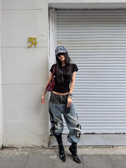 Ribbon Denim Patchwork Wide Jeans【s0000018307】