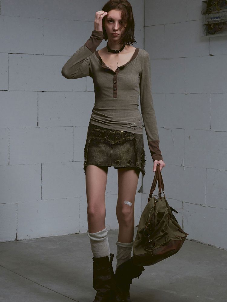 Henley Collar Knit T-Shirt【s0000011850】