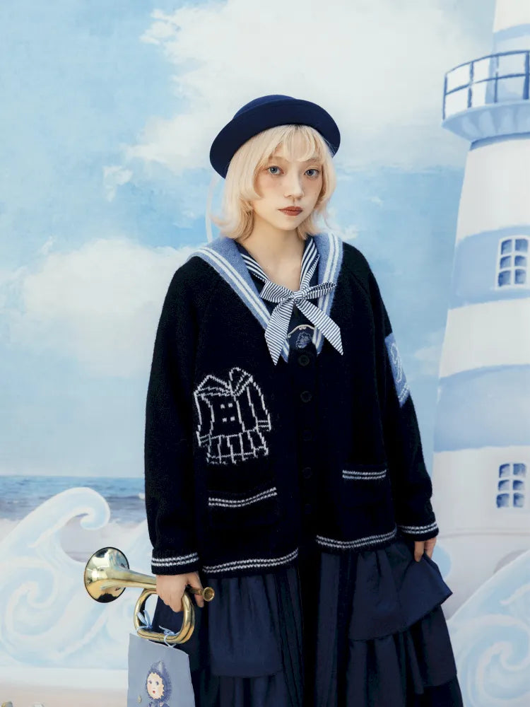 Contrasting Navy Collar Knit Cardigan【s0000014155】