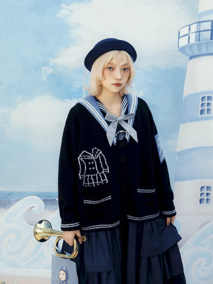 Contrasting Navy Collar Knit Cardigan【s0000014155】