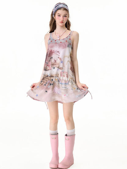 American Cat Print Vintage Vest Dress【s0000017680】