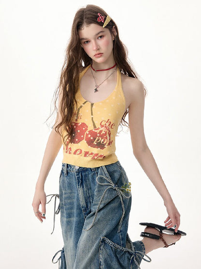 Wave Cherry Print Cropped Top Tank【s0000017304】