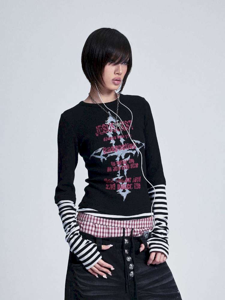 Striped Cross Rivet Stacked Top【s0000015011】