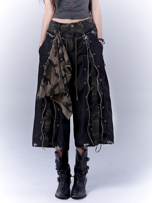 Camouflage distressed lace-up cropped jeans【s0000012841】