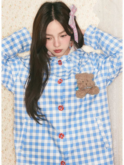 Blue plaid detachable-hood trench coat【s0000014149】