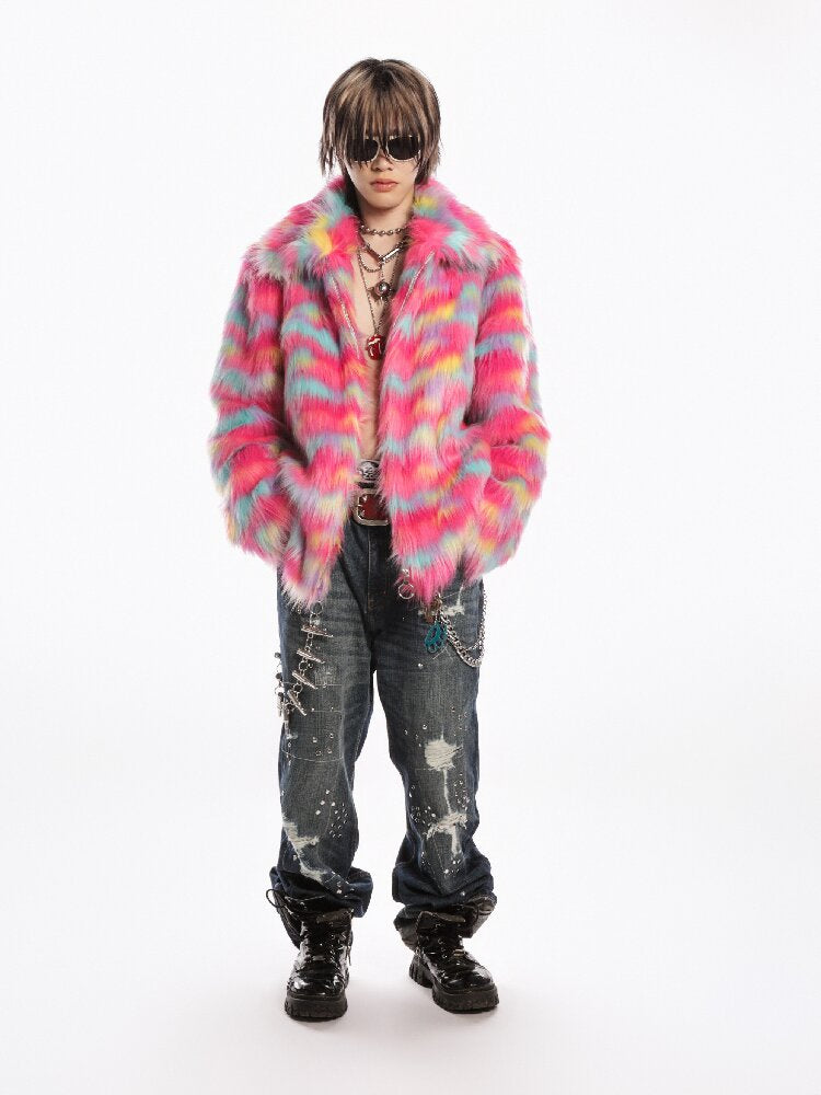 Rainbow Colorful Faux Fur Coat【s0000019281】