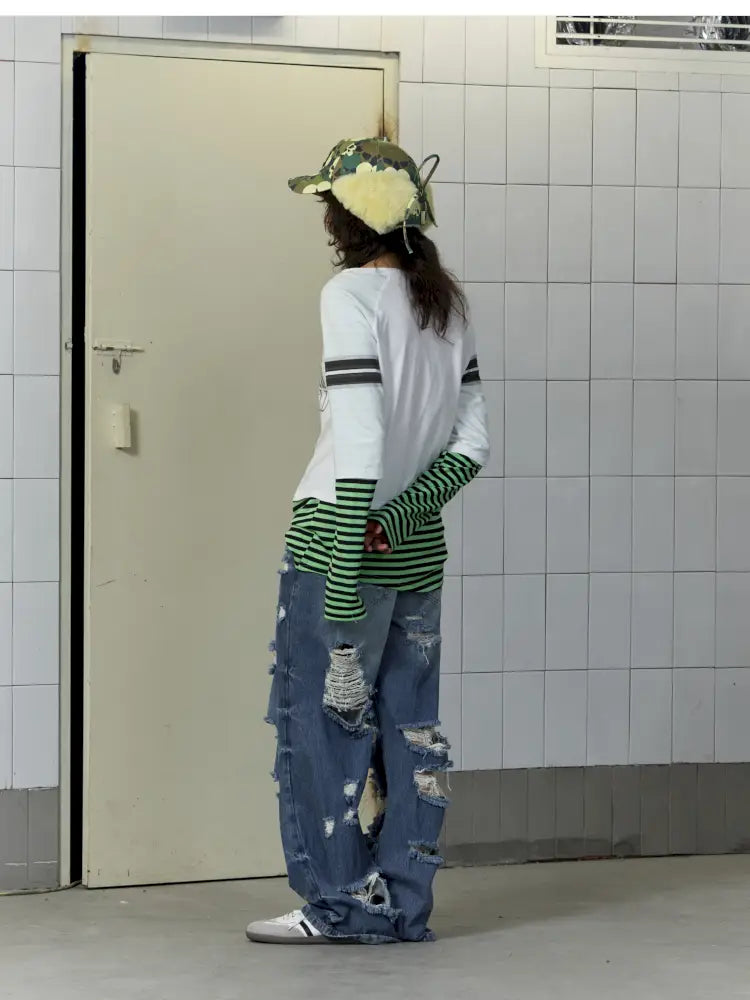 Patchwork Striped Long-Sleeve T-Shirt【s0000014207】