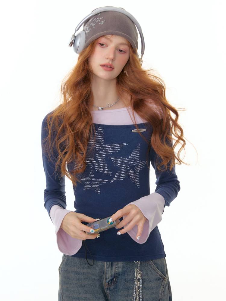 Star Print Dark Blue Long Sleeve T-Shirt【s0000014361】