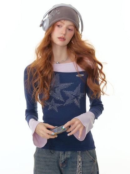 Star Print Dark Blue Long Sleeve T-Shirt【s0000014361】