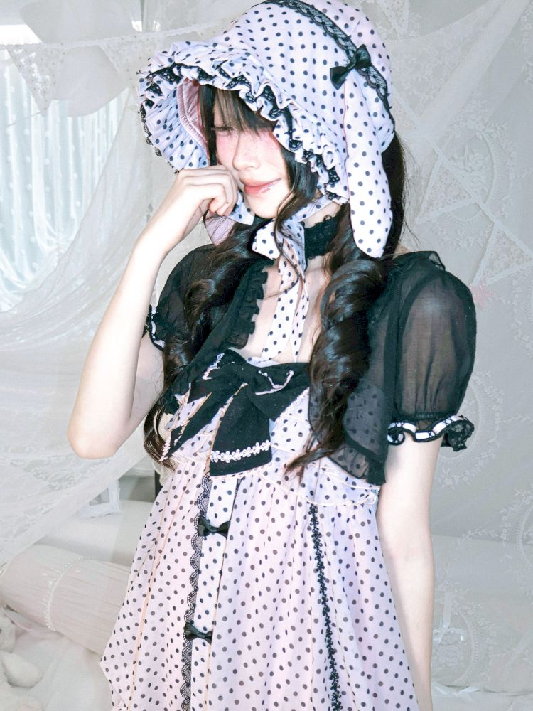 Polka dot strapless dress/chiffon bow jacket【s0000012689】