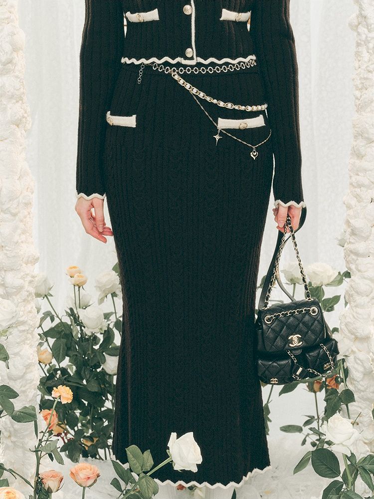 Knit Cardigan Wrap Hip Skirt Two Piece Chambray Set【s0000005286】