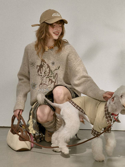 Playful Kitten Round Neck Long Sleeve Sweater【s0000014402】