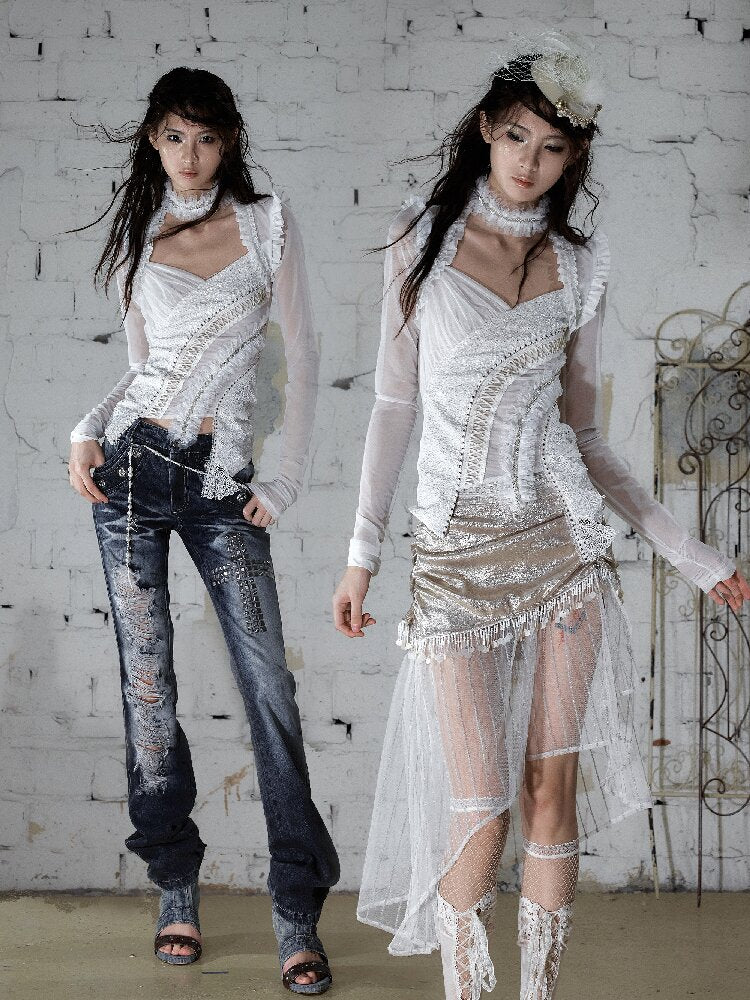 Sequin Webbing Mesh Long Sleeve Top【s0000016984】