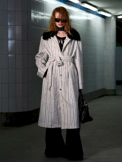 Thorn Stripe Panel Fur Collar Coat【s0000014642】