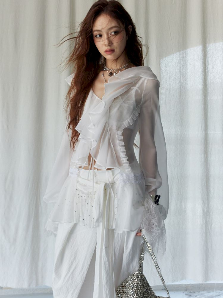 Ruffled airy skin sheer white shirt【s0000013225】
