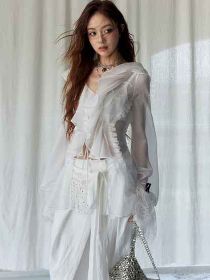 Ruffled airy skin sheer white shirt【s0000013225】