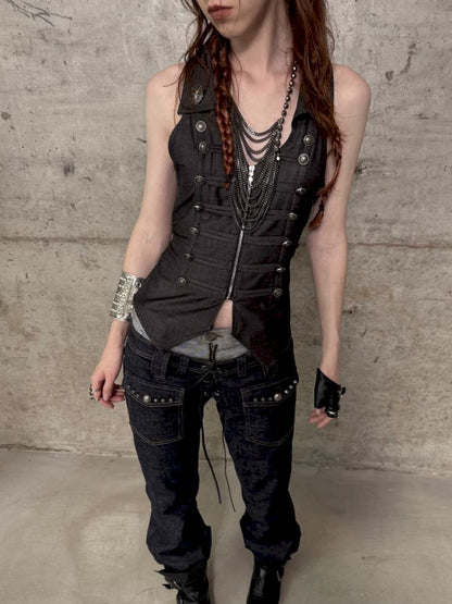 Slim-fit Waist-cinching Zipper Lapel Vest【s0000012707】