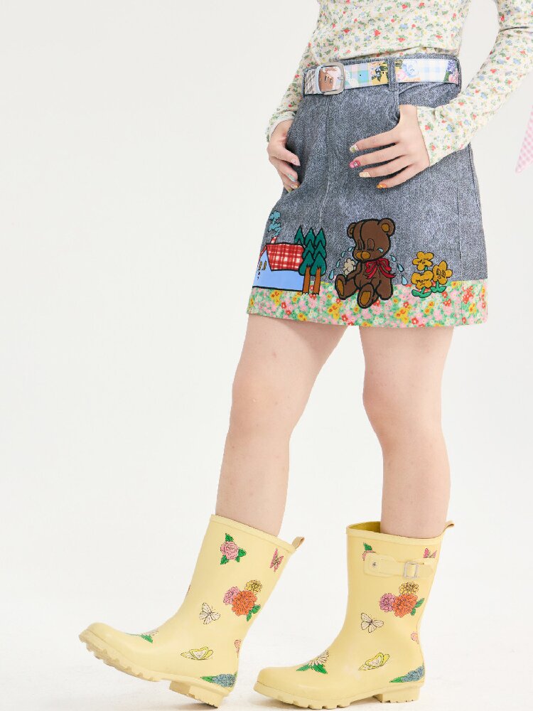 Denim Floral Patchwork Short Skirt【s0000018720】