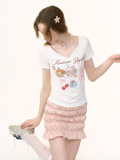 V-neck Rabbit Print Slim Thin Tops【s0000012252】