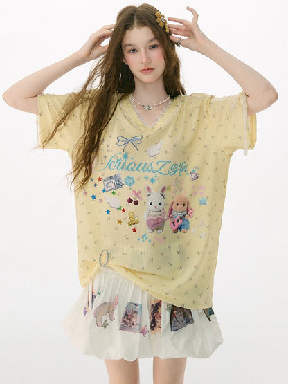 Childlike Cartoon Lace Floral T Shirt【s0000017156】