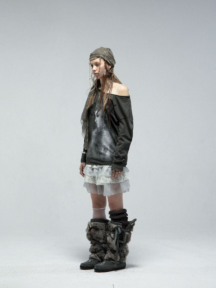 Slant Shoulder Round Neck Printed T-Shirt【s0000011842】