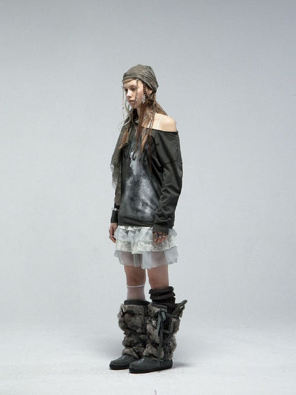 Slant Shoulder Round Neck Printed T-Shirt【s0000011842】