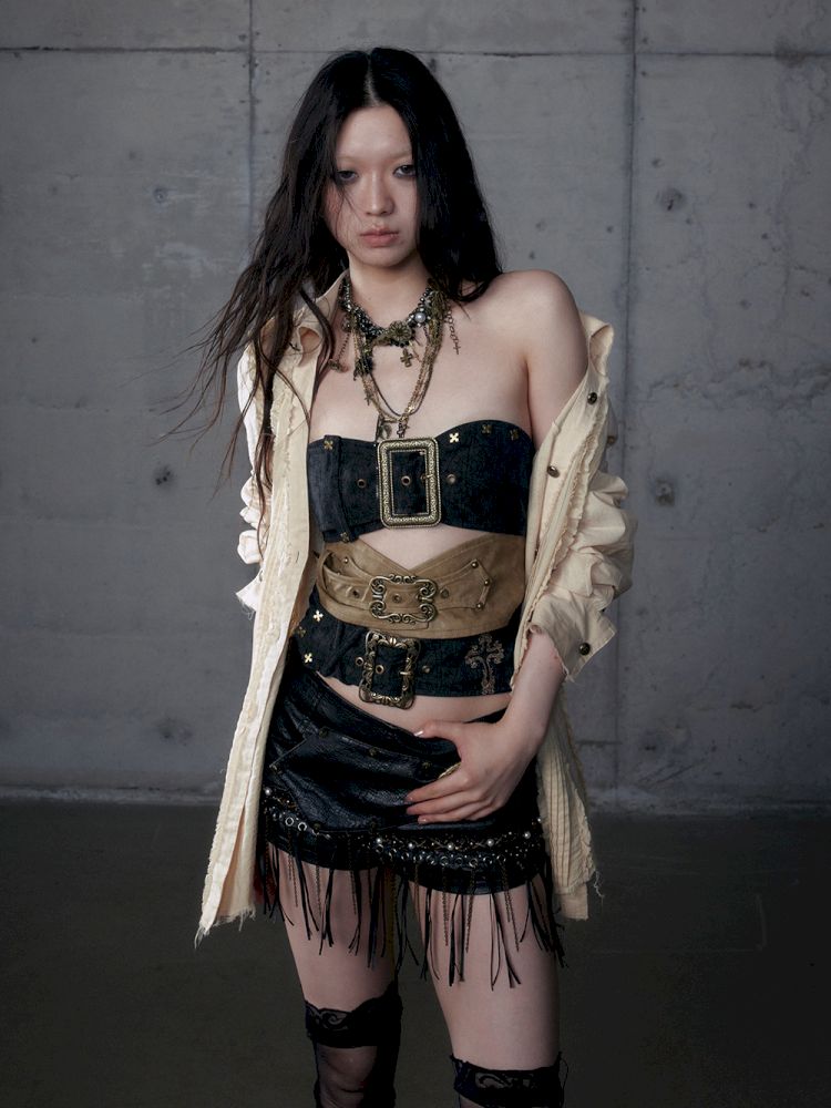 Irregular Color Clash Slim Leather Corset 【s0000013473】