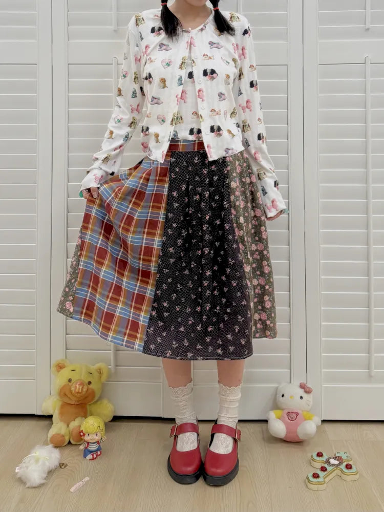 Plaid Floral Patchwork Pleated Skirt 【s0000013972】