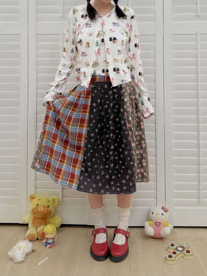 Plaid Floral Patchwork Pleated Skirt 【s0000013972】