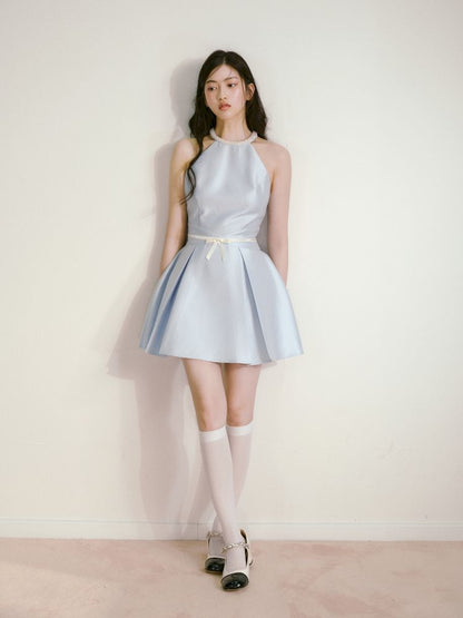 Satin Pearls Hanging Neck Dress【s0000013246】