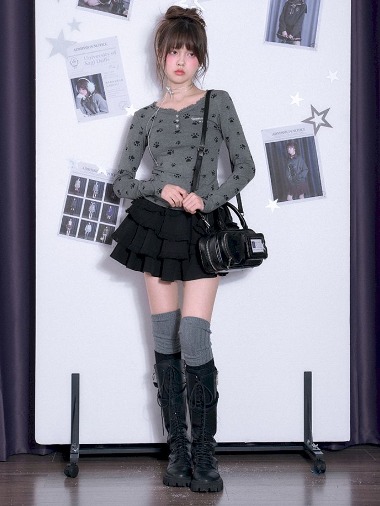 V-neck Long Sleeve Slim Printed Gray T-shirt【s0000011663】