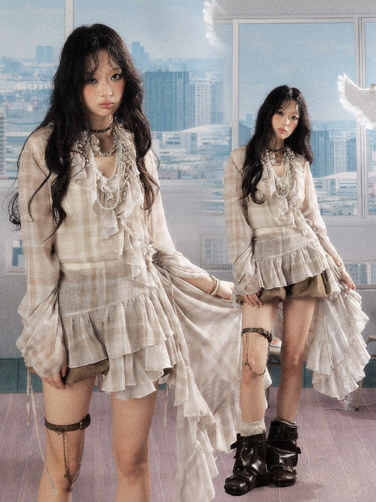 Plaid Ruffled Sunscreen Long Shirt【s0000016531】