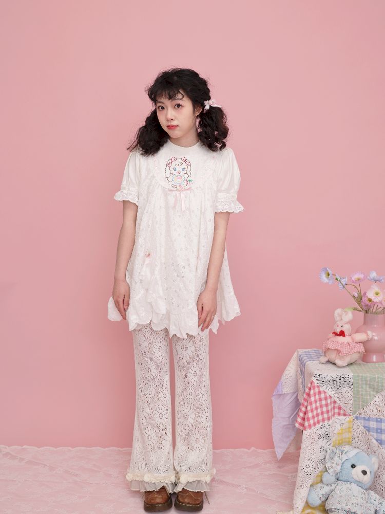 Lace Ribbon Bubble Sleeve T-Shirt【s0000012014】