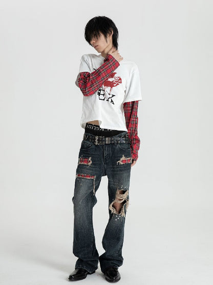 Red Plaid Patch Ripped Jeans【s0000018559】